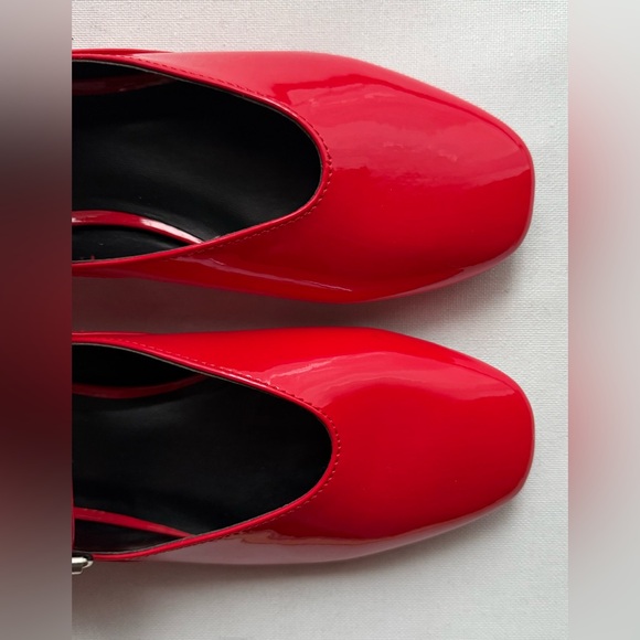🆕 Joe Fresh | Red Patent Faux Leather Flats with Square Toe and Silver Buckles - Picture 3 of 8